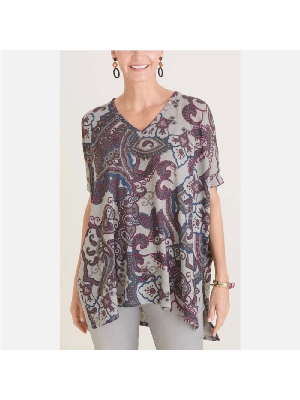 Chico's Gray Muted Paisley Floral V Neck Relaxed Short Sleeve Tunic Top Size M/L